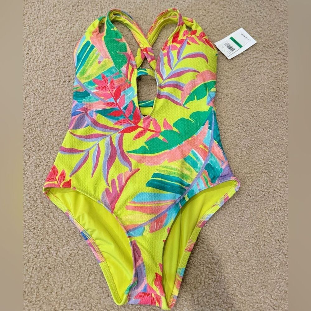 NWT BECCA by Rebecca Virtue Costa Bella One-Piece Yellow Multi Swimsuit Sz L